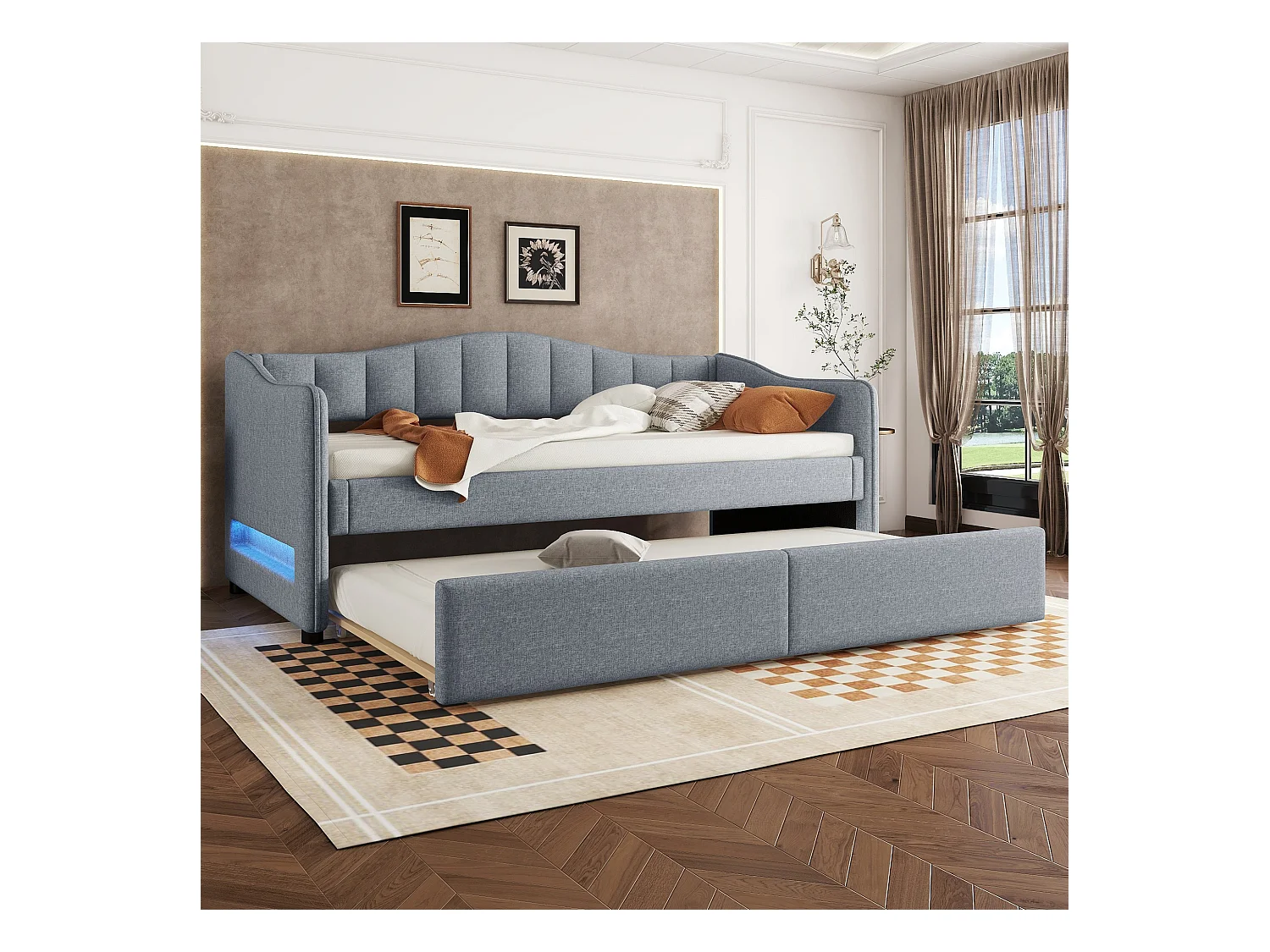 Rollbett 90/180 x 200 cm mit 2 Schubladen – Leinenstoff – LEDs – grau (ohne Matratze)
