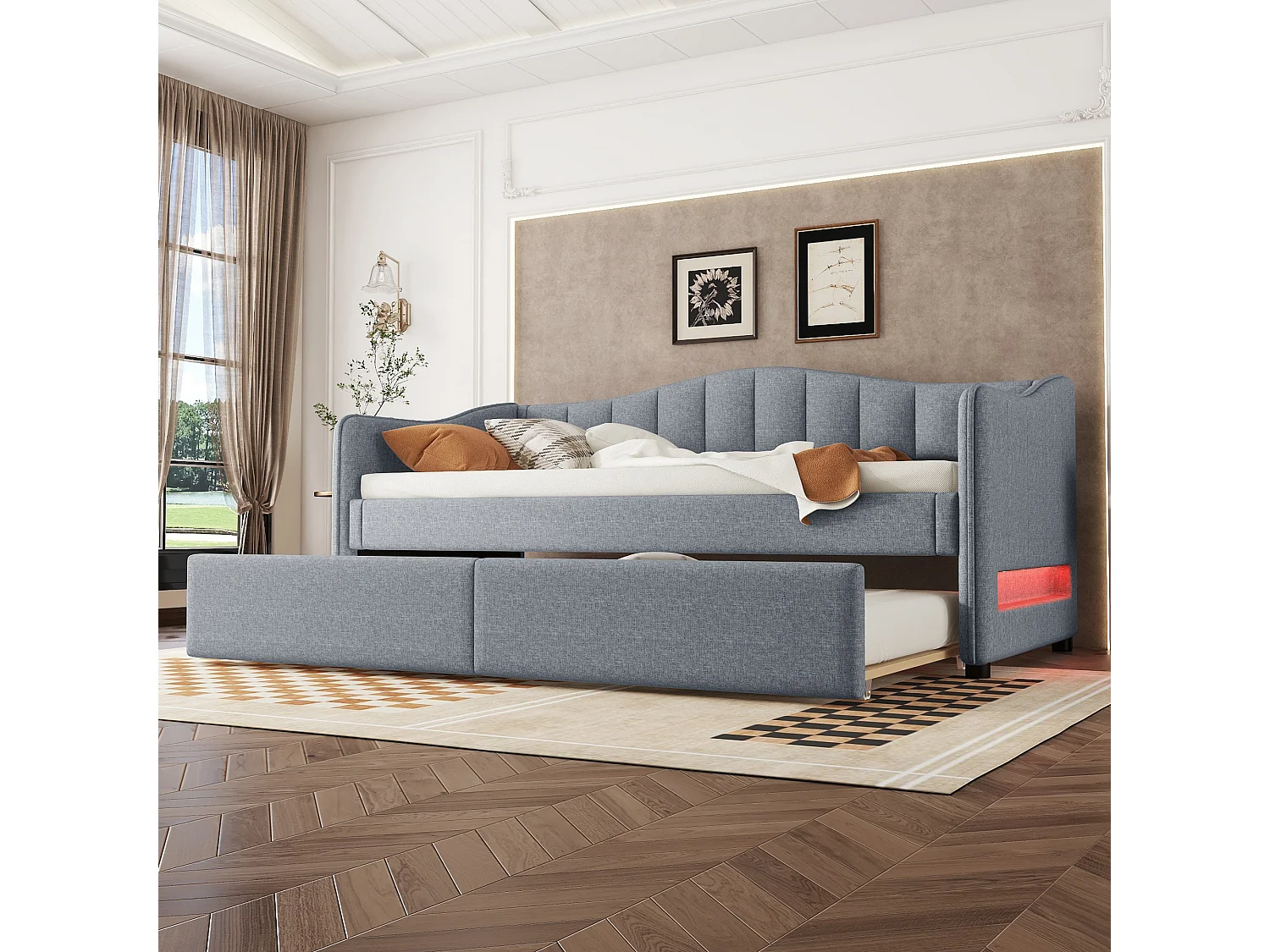 Onderschuifbed 90/180 x 200 cm met 2 laden - linnenstof - LED's - grijs (zonder matras)