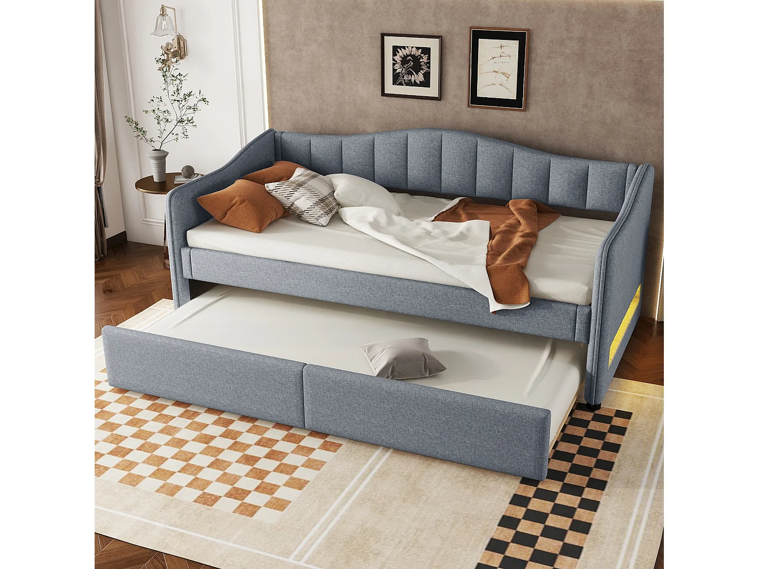 Lit gigogne 90/180 x 200 cm avec 2 tiroirs - tissu en lin - LEDs - gris (sans matelas)