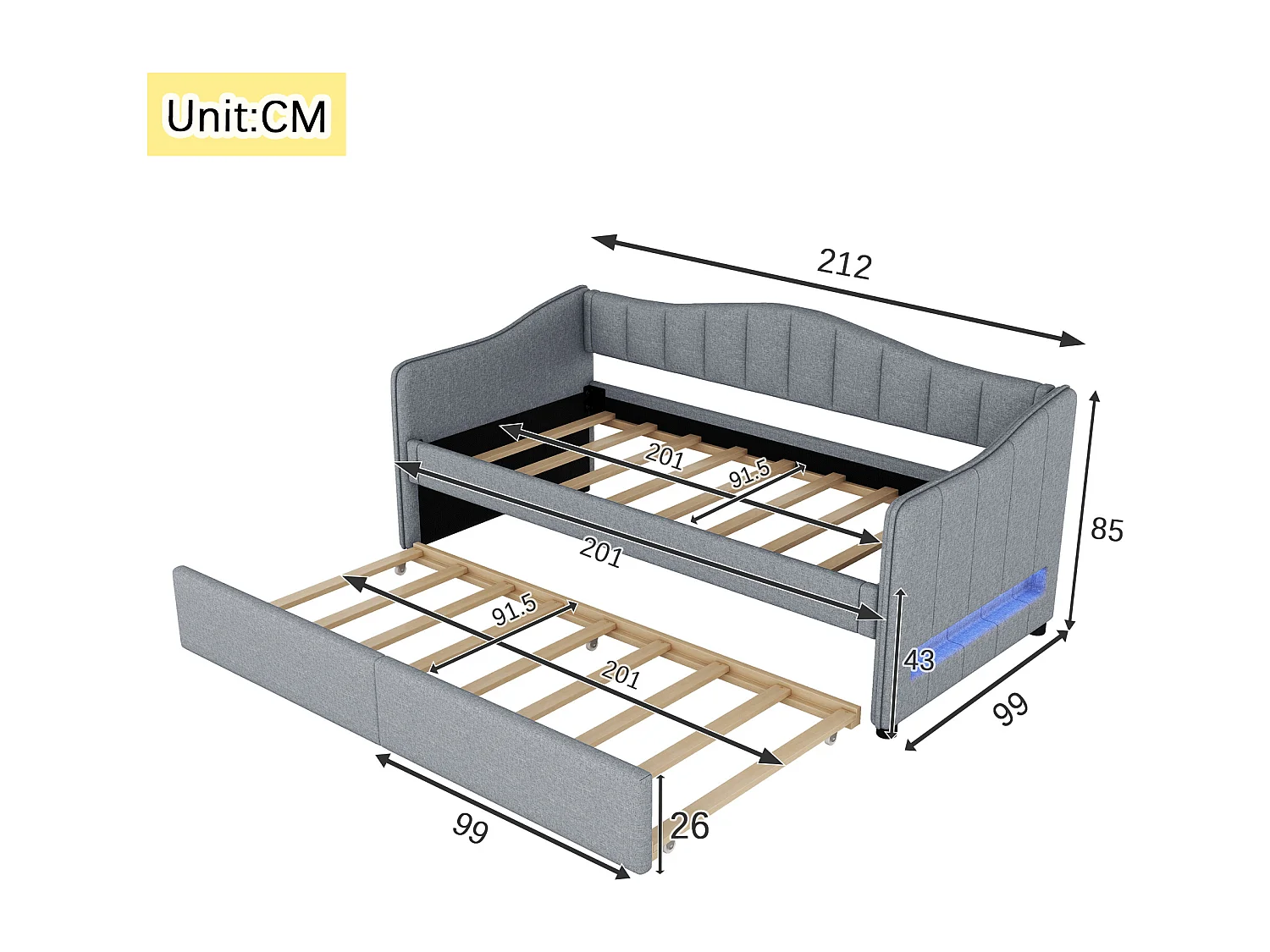 Uitschuifbed 90/180 x 200 cm met 2 lades - linnen stof - LED-verlichting - grijs (matras niet inbegrepen)