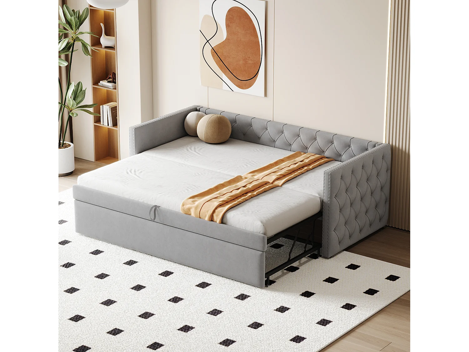 Onderschuifbed 90/180 x 200 cm met hoofdeinde - Zacht fluweel - lattenbodem - lichtgrijs (zonder matras)