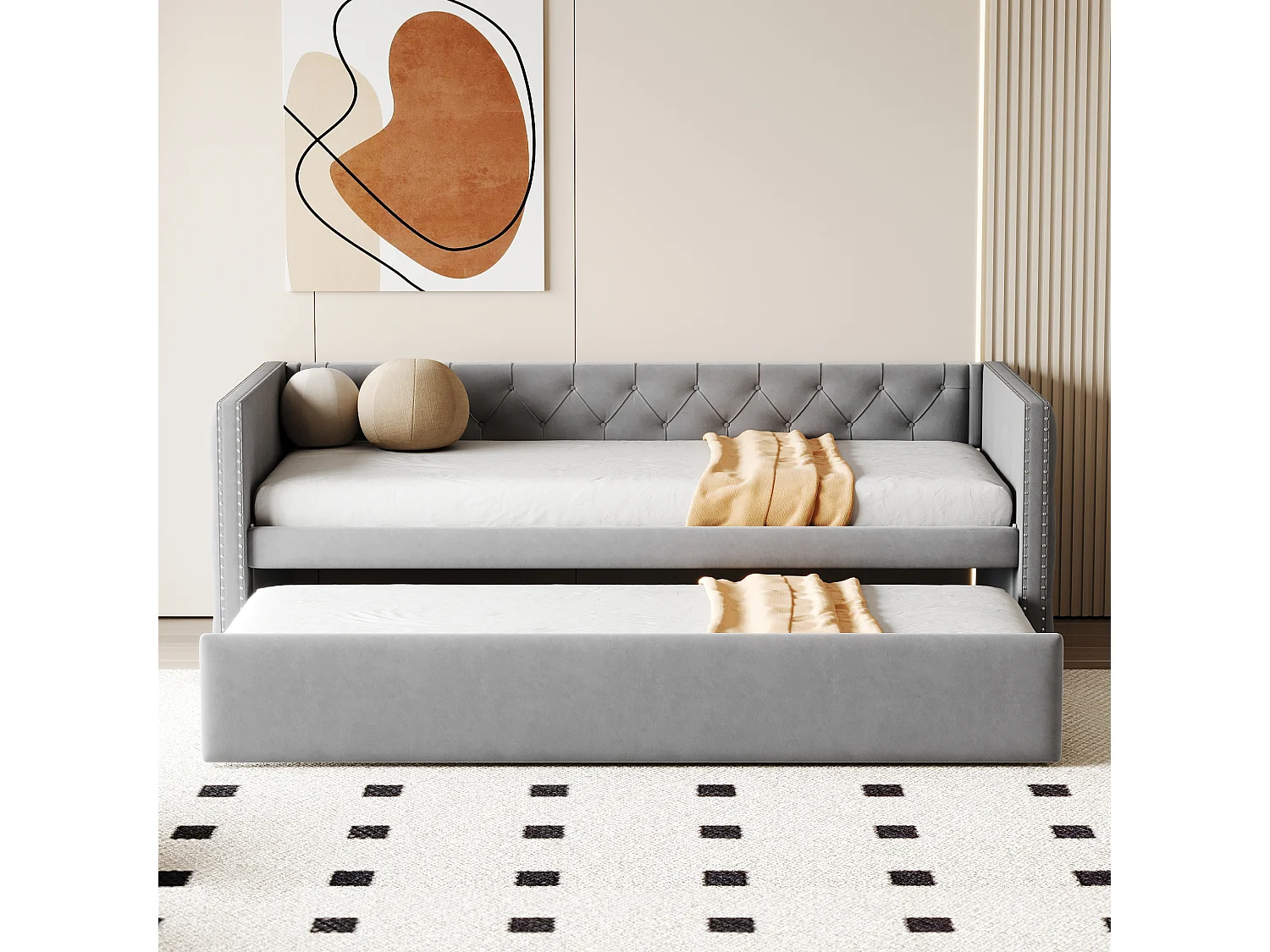 Onderschuifbed 90/180 x 200 cm met hoofdeinde - Zacht fluweel - lattenbodem - lichtgrijs (zonder matras)