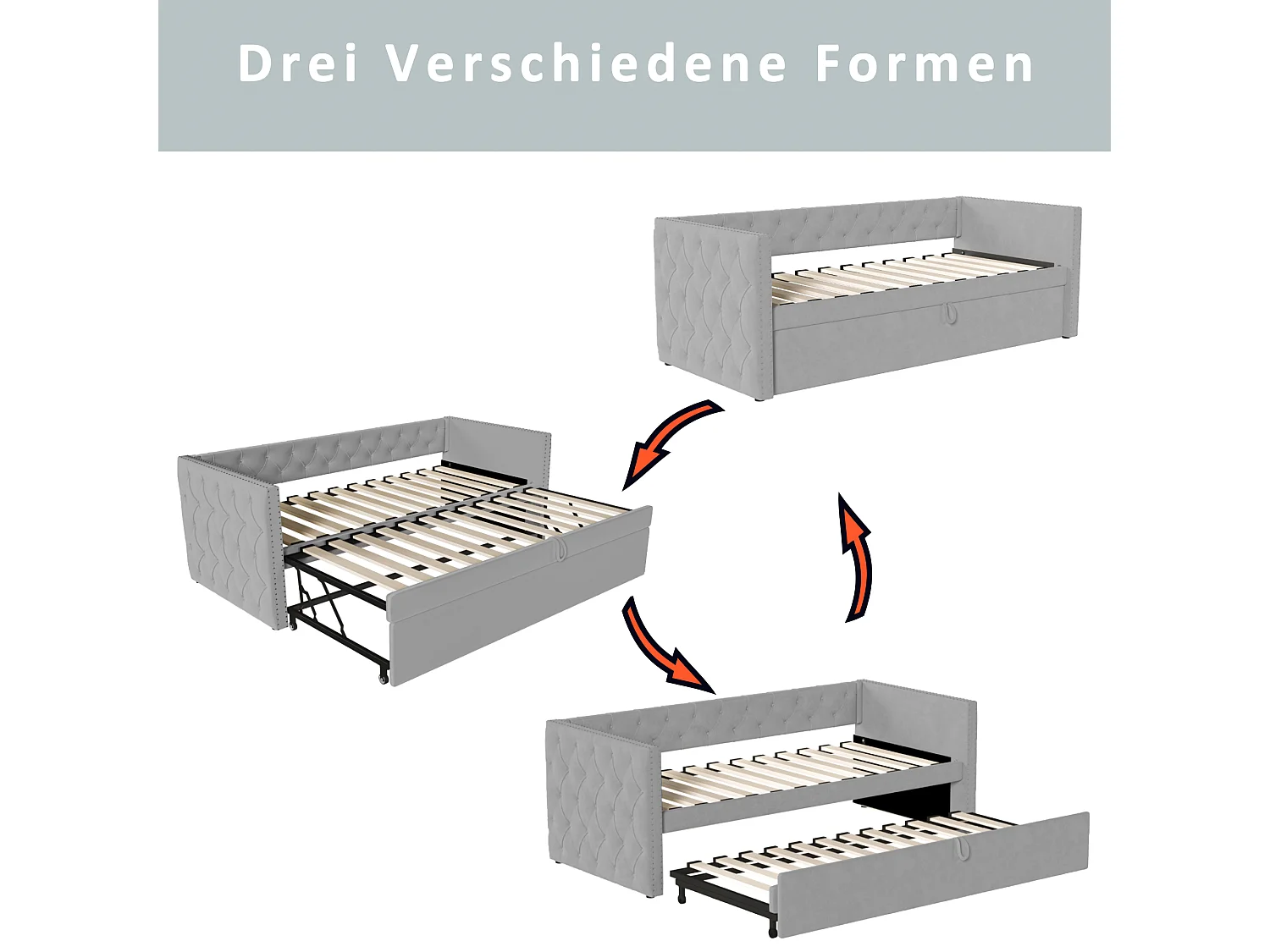 Onderschuifbed 90/180 x 200 cm met hoofdeinde - Zacht fluweel - lattenbodem - lichtgrijs (zonder matras)