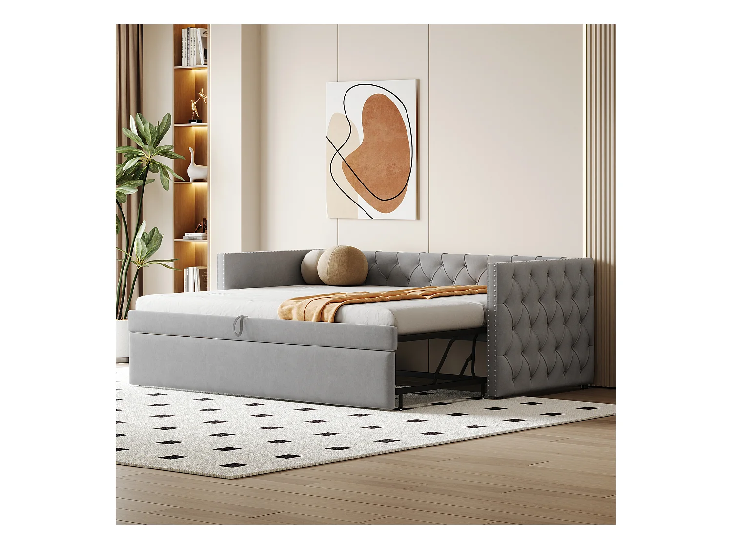 Lit gigogne 90/180 x 200 cm avec tête de lit - Velours doux - sommier à lattes - gris clair (sans matelas)