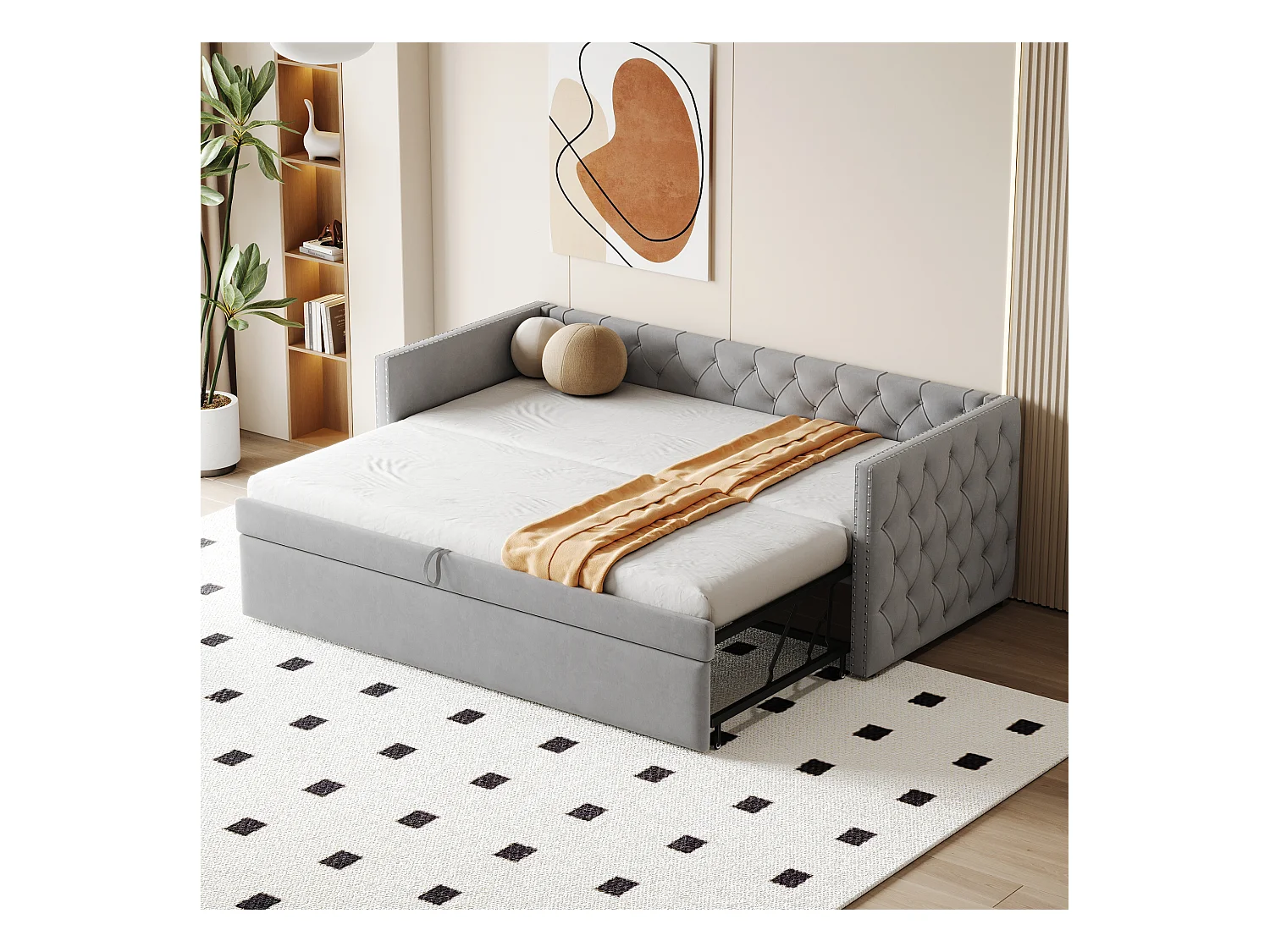 Łóżko wysuwane 90/180 x 200 cm z wezgłowiem - Miękki aksamit - stelaż listwowy - jasnoszary (bez materaca)