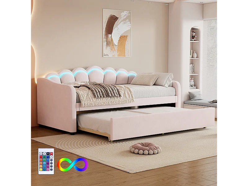Onderschuifbed 90 x 200 cm + bed 90 x 190 cm, slaapbank - fluweel - LED's - roze kleur (zonder matras)