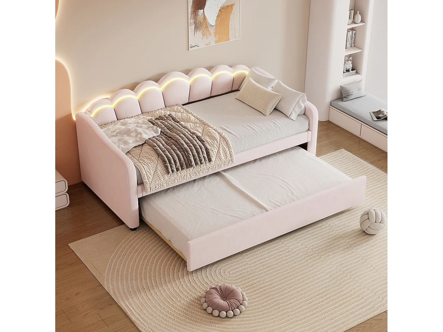 Cama nido 90 x 200 cm + cama 90 x 190 cm, sofá cama - terciopelo - LED - color rosa (sin colchón)