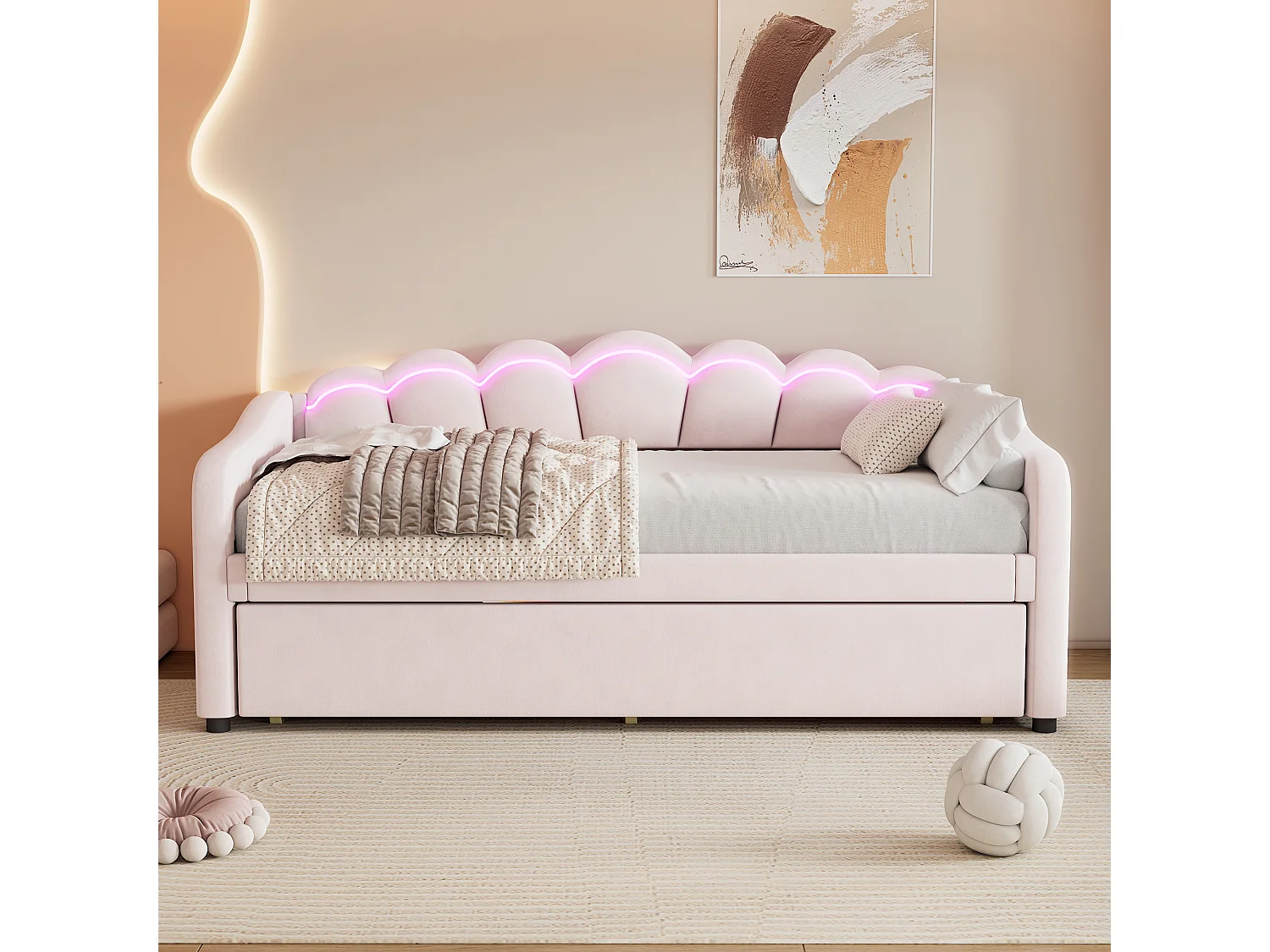 Cama nido 90 x 200 cm + cama 90 x 190 cm, sofá cama - terciopelo - LED - color rosa (sin colchón)