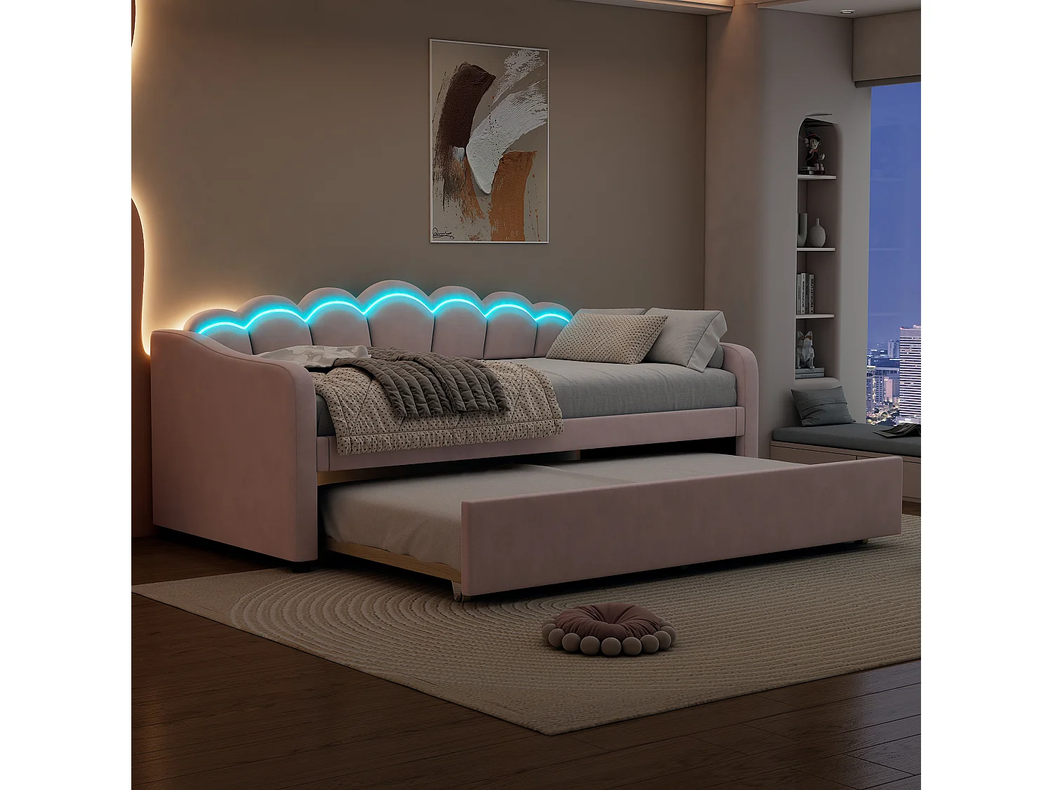 Ausziehbett 90 x 200 cm + Bett 90 x 190 cm, Schlafsofa – Samt – LEDs – rosa Farbe (ohne Matratze)