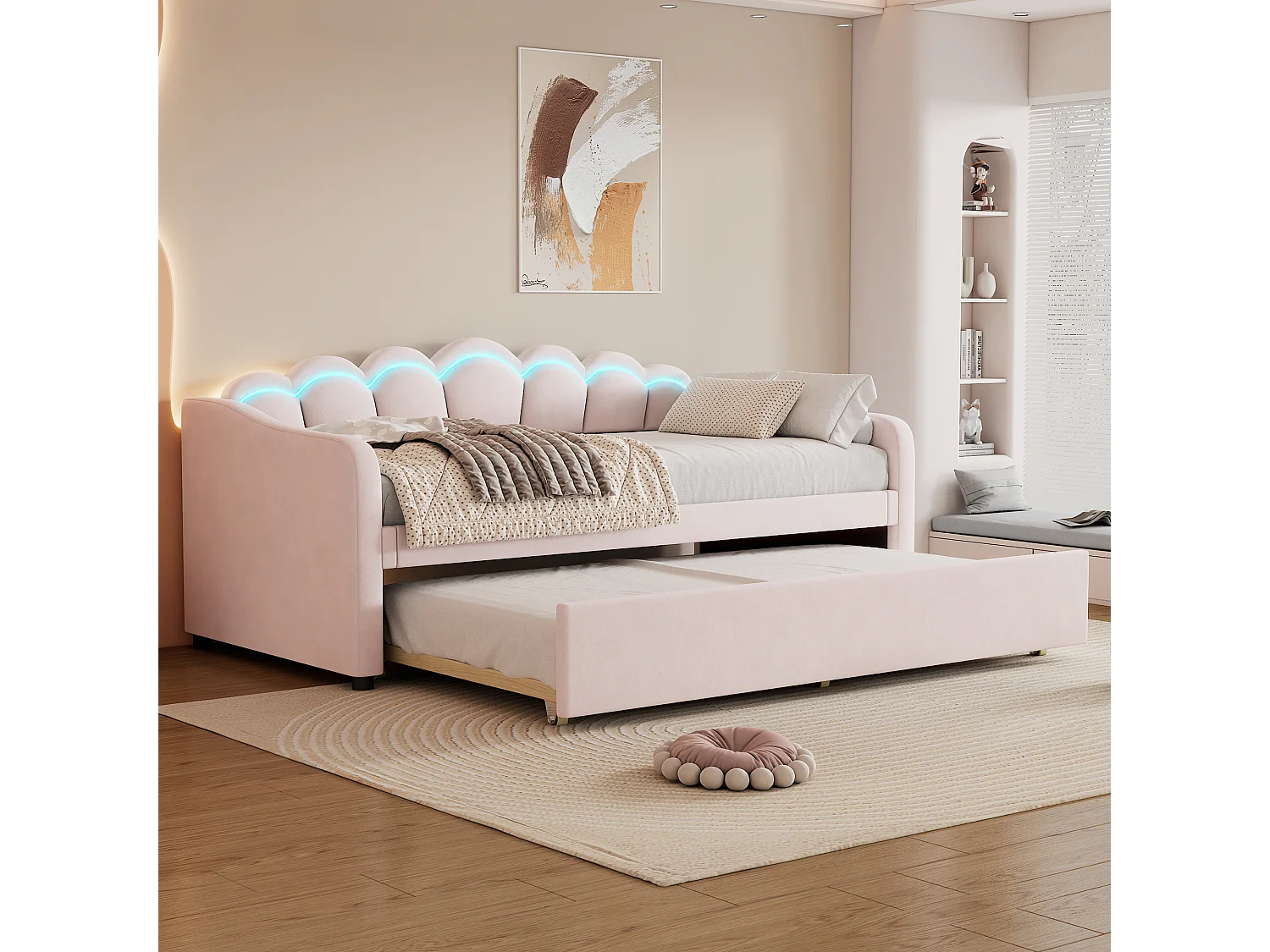 Uitschuifbed 90 x 200 cm + bed 90 x 190 cm, slaapbank - fluweel - LED-verlichting - roze kleur (zonder matras)