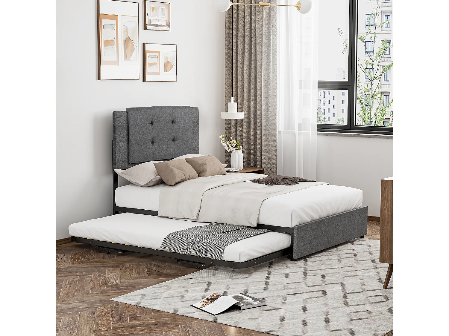 Onderschuifbed 90 x 200 cm + 90 x 190 cm - Linnen en metaalstof - Opklapbare en opklapbare metalen poten - Grijs (zonder matras)