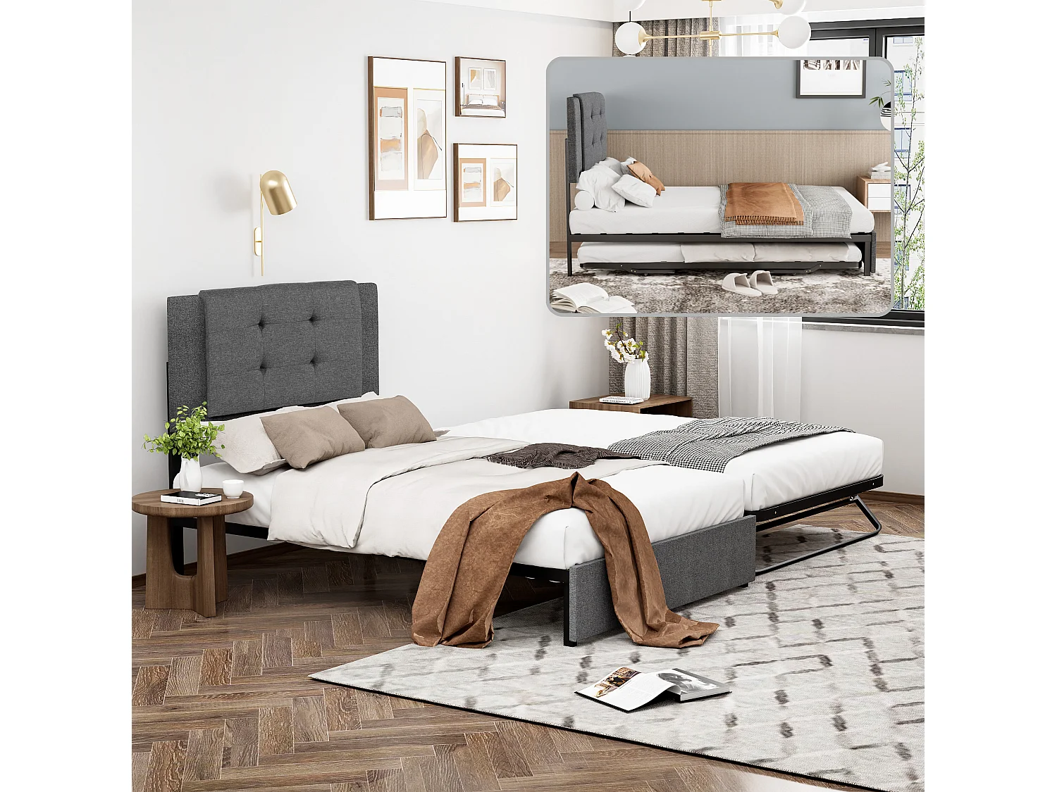 Onderschuifbed 90 x 200 cm + 90 x 190 cm - Linnen en metaalstof - Opklapbare en opklapbare metalen poten - Grijs (zonder matras)