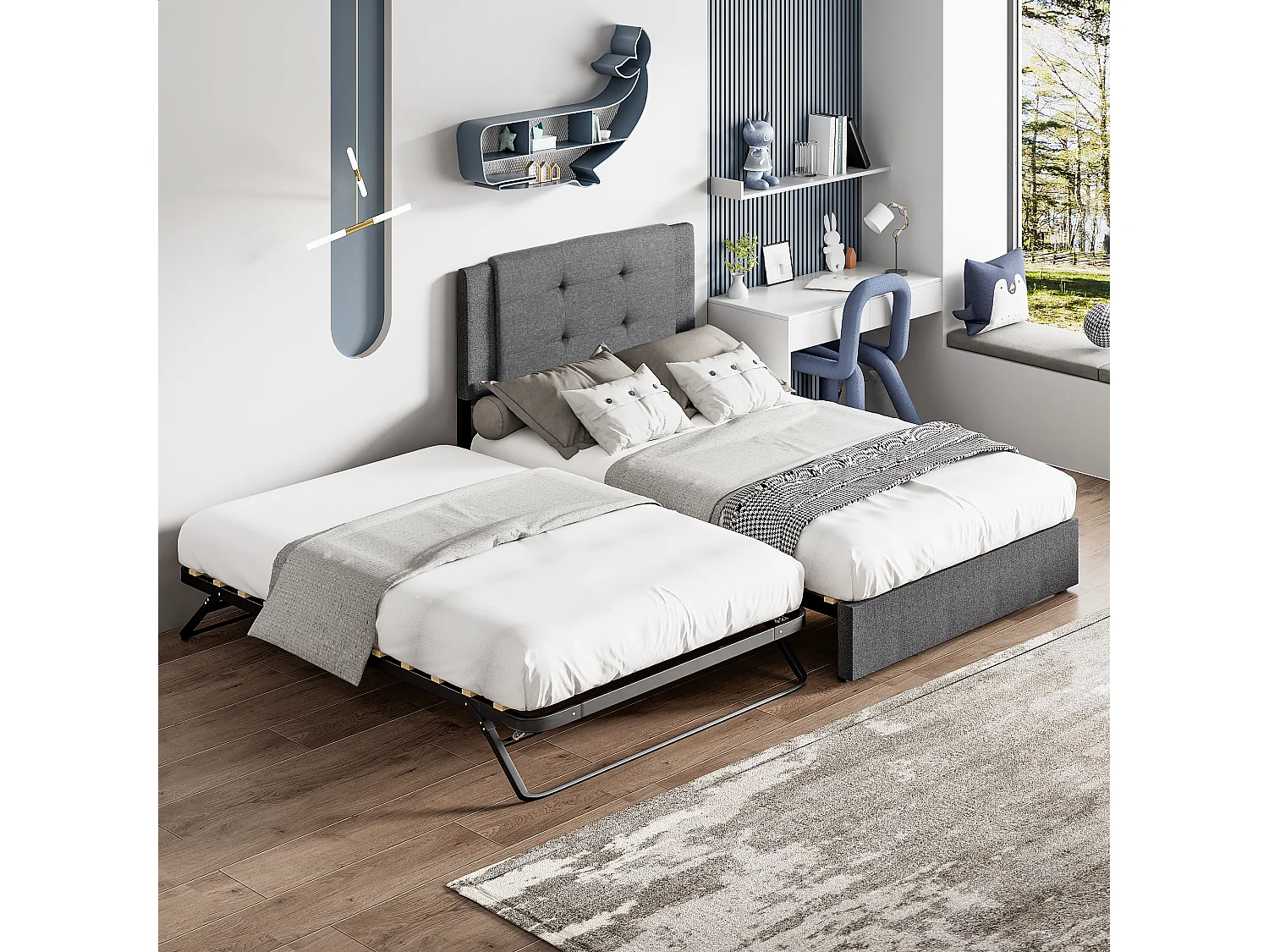 Onderschuifbed 90 x 200 cm + 90 x 190 cm - Linnen en metaalstof - Opklapbare en opklapbare metalen poten - Grijs (zonder matras)