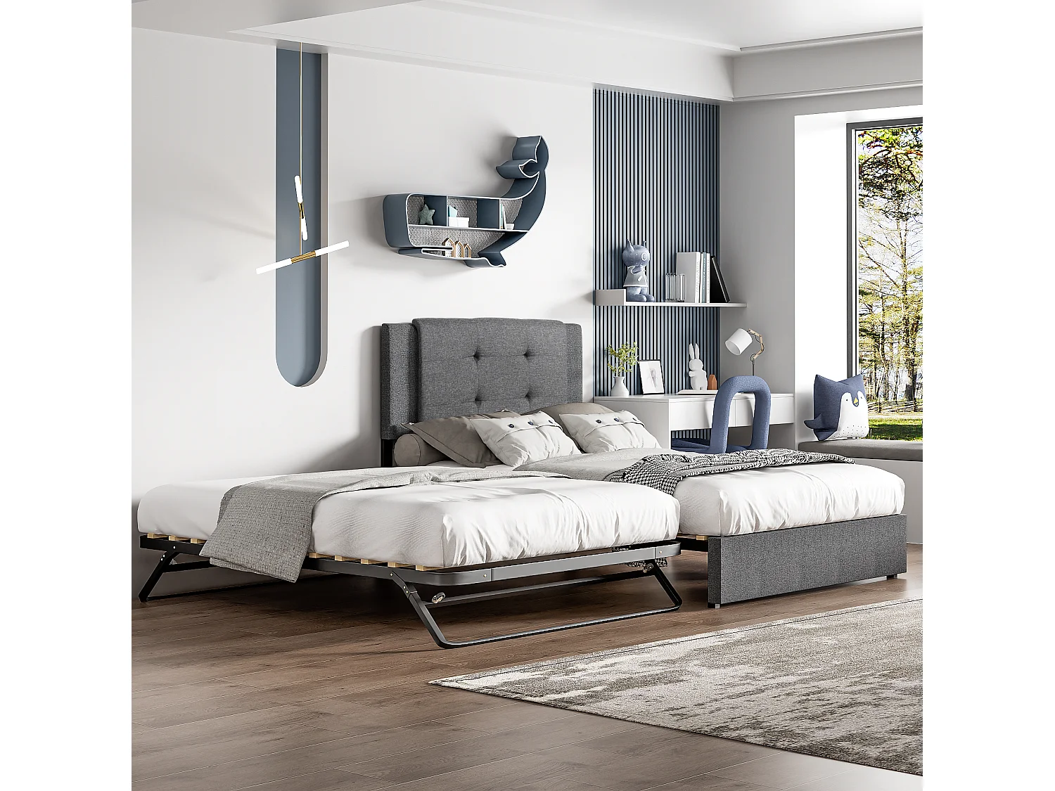 Onderschuifbed 90 x 200 cm + 90 x 190 cm - Linnen en metaalstof - Opklapbare en opklapbare metalen poten - Grijs (zonder matras)