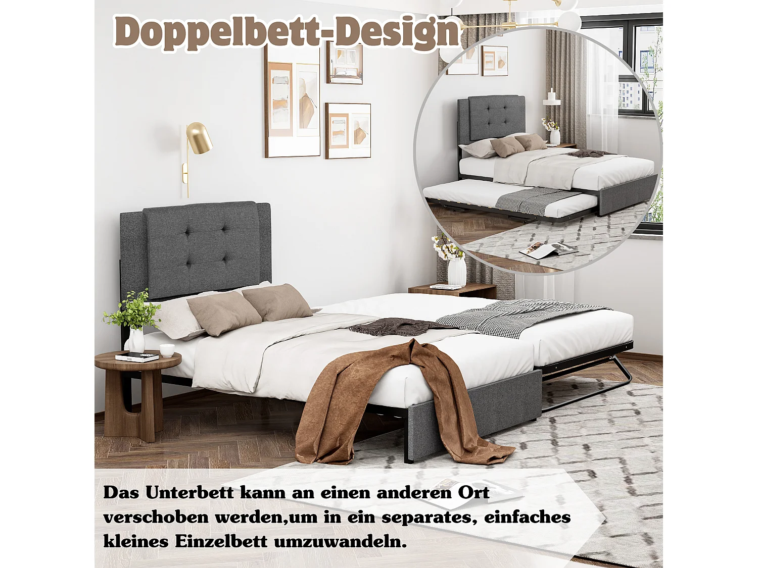 Onderschuifbed 90 x 200 cm + 90 x 190 cm - Linnen en metaalstof - Opklapbare en opklapbare metalen poten - Grijs (zonder matras)