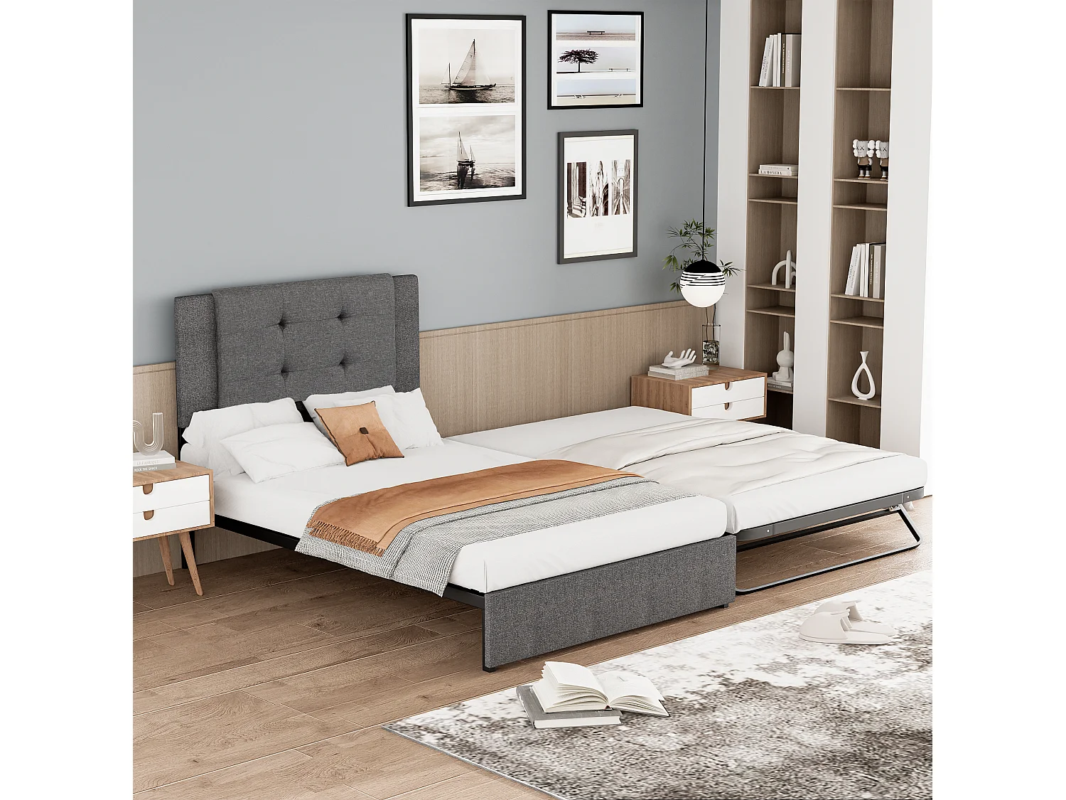 Onderschuifbed 90 x 200 cm + 90 x 190 cm - Linnen en metaalstof - Opklapbare en opklapbare metalen poten - Grijs (zonder matras)