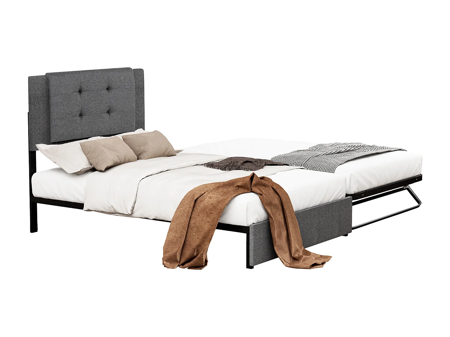 Onderschuifbed 90 x 200 cm + 90 x 190 cm - Linnen en metaalstof - Opklapbare en opklapbare metalen poten - Grijs (zonder matras)