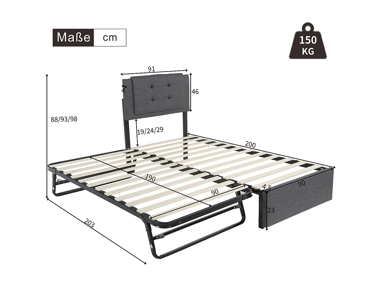 Lit gigogne 90 x 200 cm + 90 x 190 cm - Tissu en lin et métal - Pieds métalliques pliants et rabattables - Gris (sans matelas)