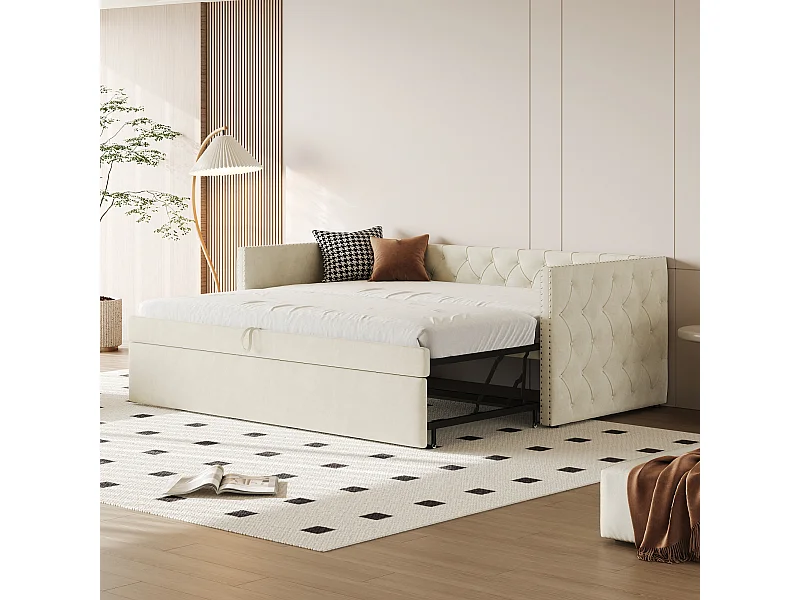 Lit gigogne 90/180 x 200 cm avec tête de lit - Velours doux - sommier à lattes - beige (sans matelas)