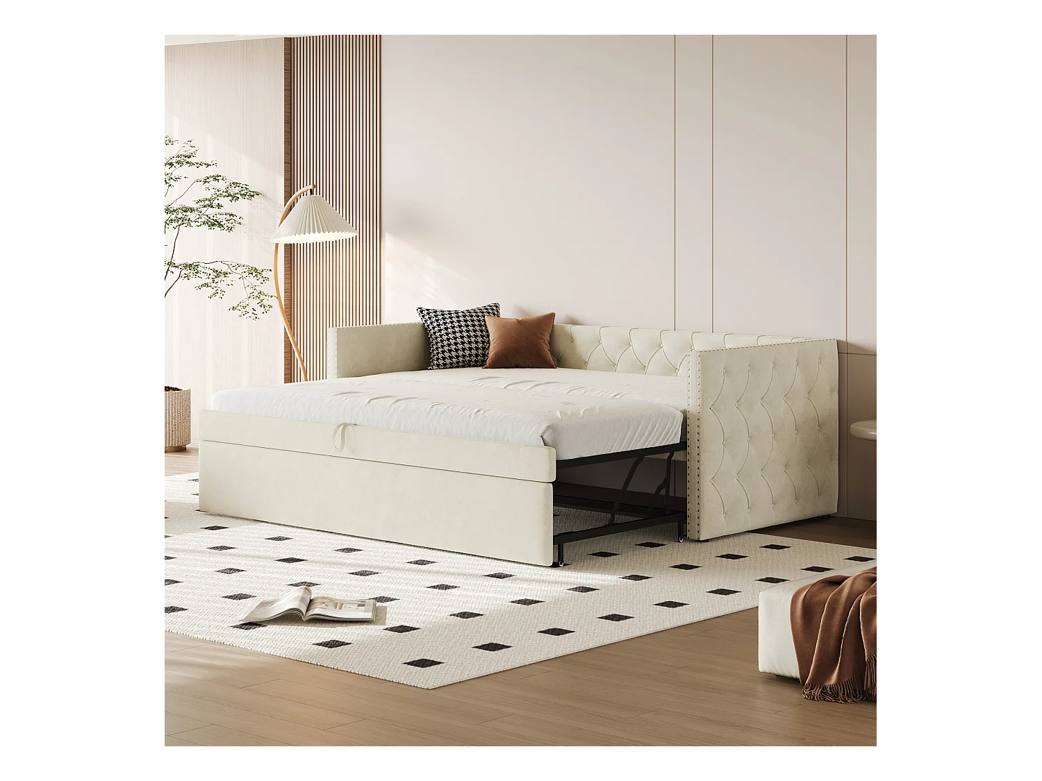 Lit gigogne 90/180 x 200 cm avec tête de lit - Velours doux - sommier à lattes - beige (sans matelas)