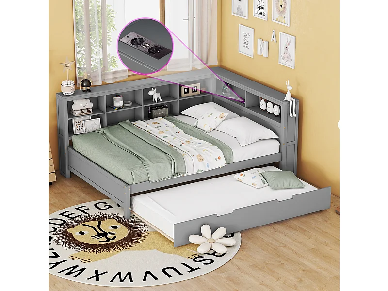 Lit gigogne 140 x 200 cm + 90 x 190 cm avec prise USB et bibliothèque - Bois massif - Gris (sans matelas)