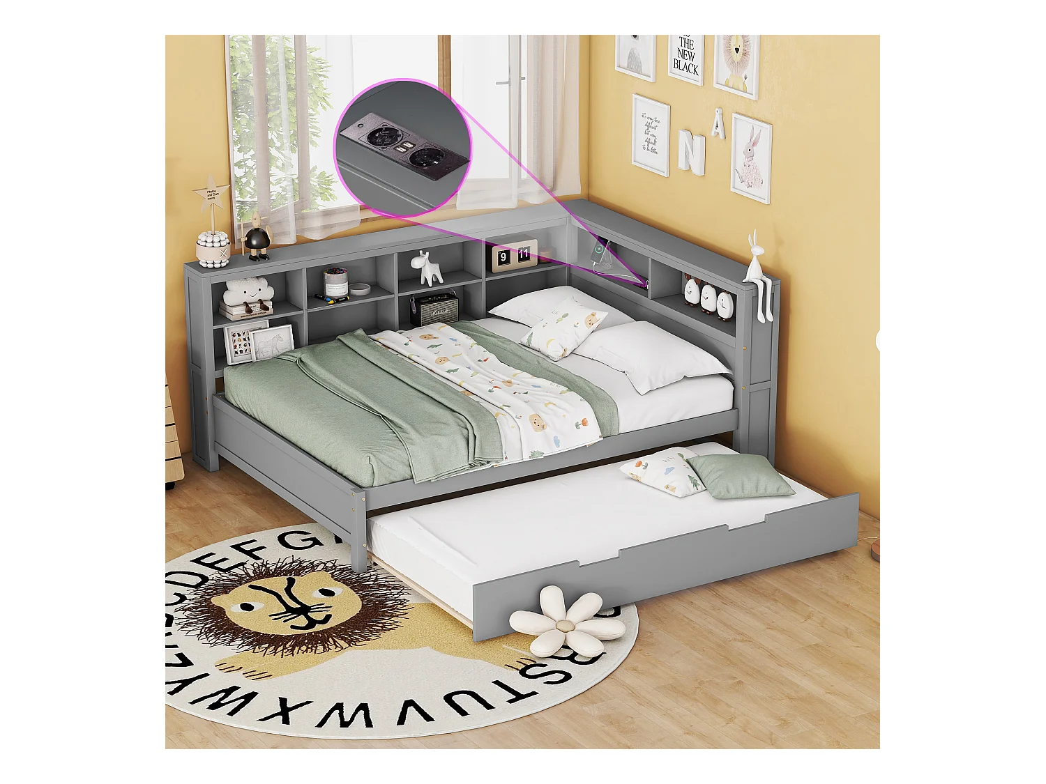 Lit gigogne 140 x 200 cm + 90 x 190 cm avec prise USB et bibliothèque - Bois massif - Gris (sans matelas)