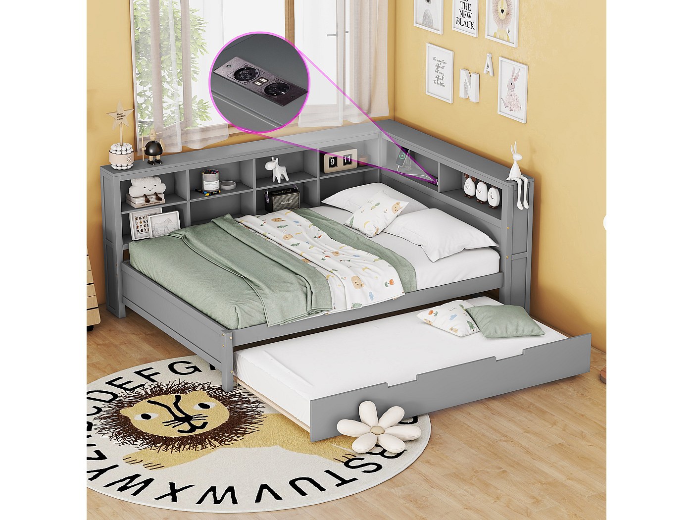 REXO Divano letto 90 x 200 cm, letto estraibile 90 x 190 cm, con due cassetti, grande vano portaoggetti e cestino, presa USB, letto singolo in legno, bianco