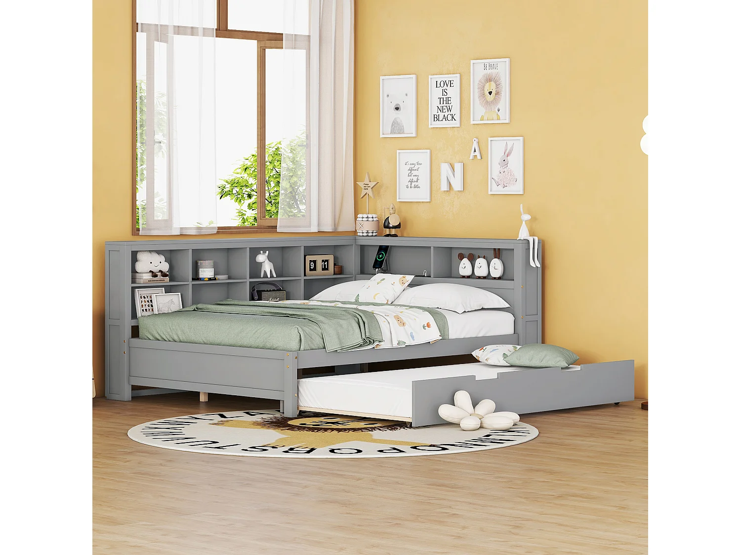 Lit gigogne 140 x 200 cm + 90 x 190 cm avec prise USB et bibliothèque - Bois massif - Gris (sans matelas)