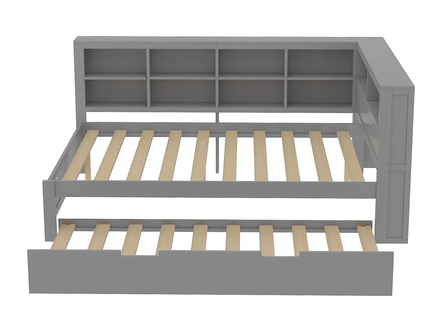 Lit gigogne 140 x 200 cm + 90 x 190 cm avec prise USB et bibliothèque - Bois massif - Gris (sans matelas)