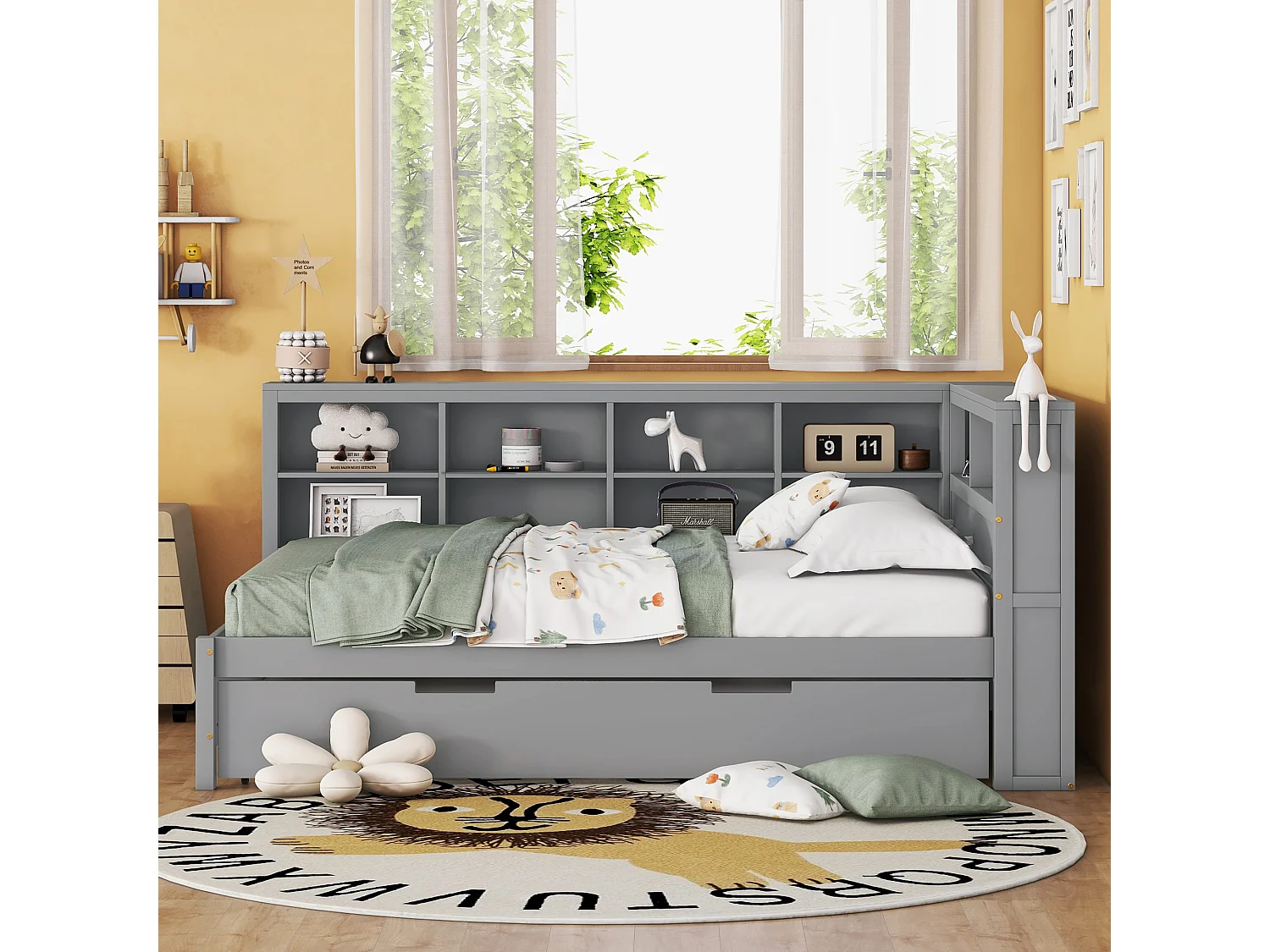 Lit gigogne 140 x 200 cm + 90 x 190 cm avec prise USB et bibliothèque - Bois massif - Gris (sans matelas)