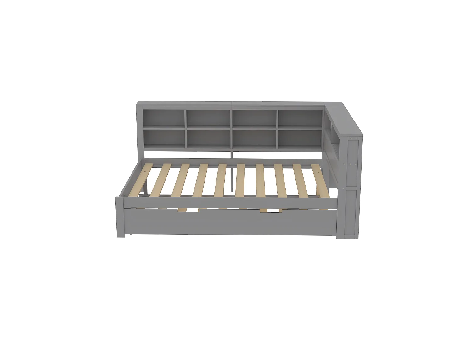 Lit gigogne 140 x 200 cm + 90 x 190 cm avec prise USB et bibliothèque - Bois massif - Gris (sans matelas)