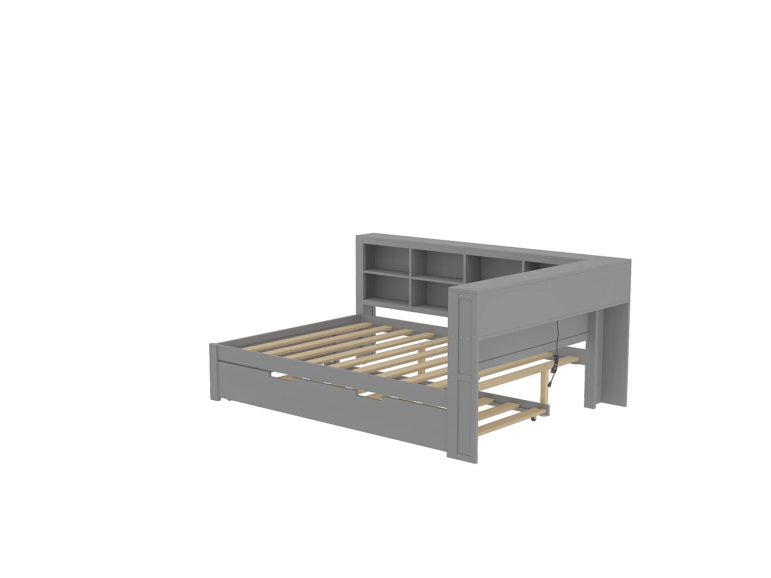 Lit gigogne 140 x 200 cm + 90 x 190 cm avec prise USB et bibliothèque - Bois massif - Gris (sans matelas)
