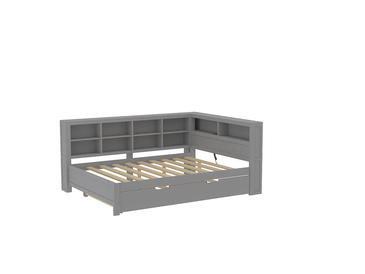 Lit gigogne 140 x 200 cm + 90 x 190 cm avec prise USB et bibliothèque - Bois massif - Gris (sans matelas)