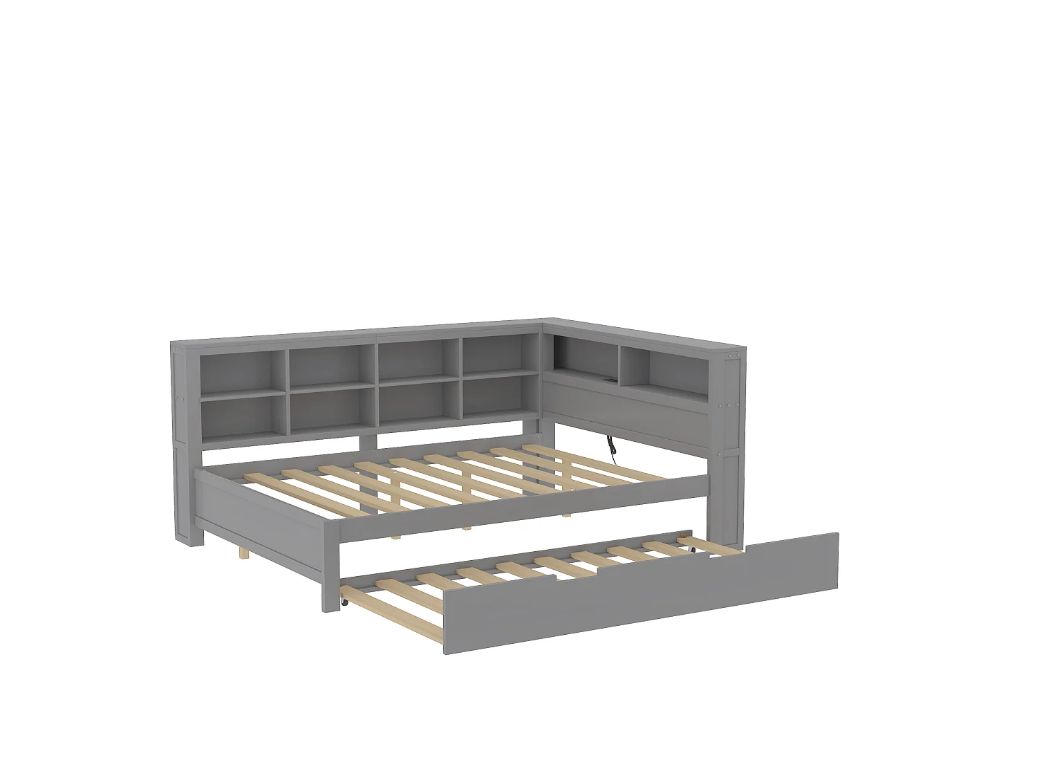 Lit gigogne 140 x 200 cm + 90 x 190 cm avec prise USB et bibliothèque - Bois massif - Gris (sans matelas)