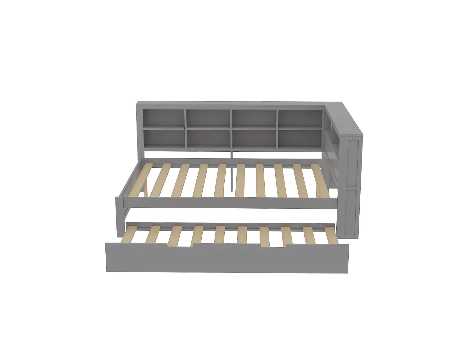 Lit gigogne 140 x 200 cm + 90 x 190 cm avec prise USB et bibliothèque - Bois massif - Gris (sans matelas)