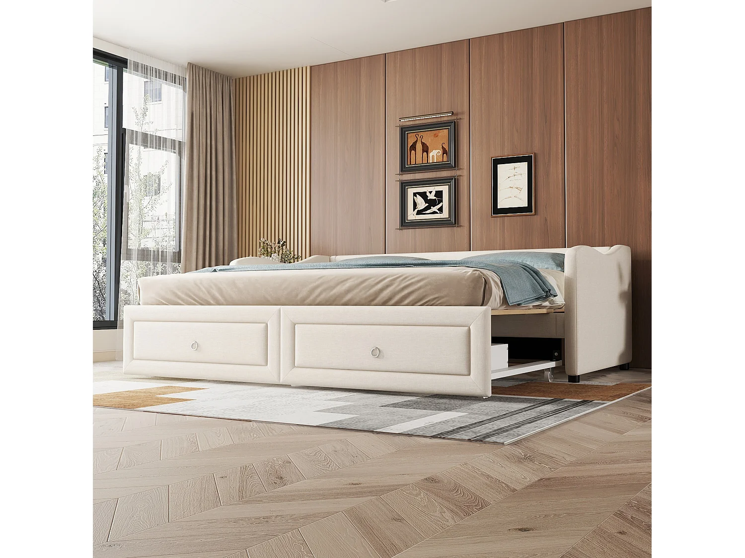 Łóżko wysuwane 90/180 x 200 cm z 2 szufladami - tkanina lniana - beż (bez materaca)