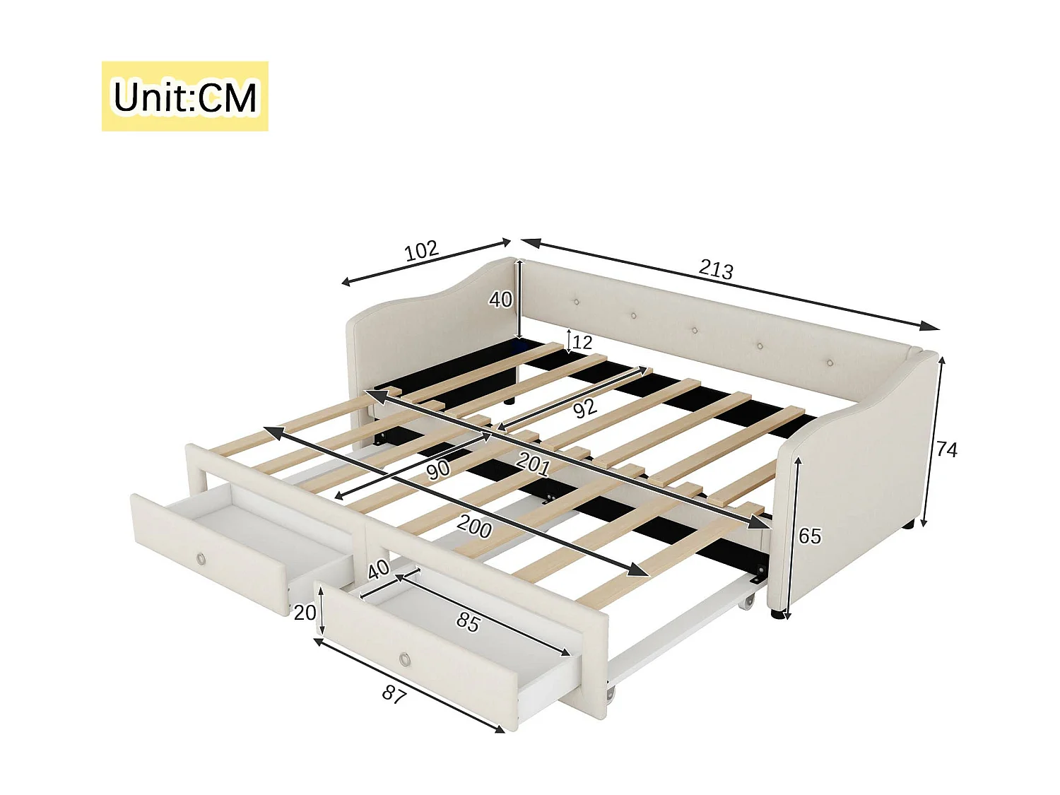 Rollbett 90/180 x 200 cm mit 2 Schubladen – Leinenstoff – Beige (ohne Matratze)