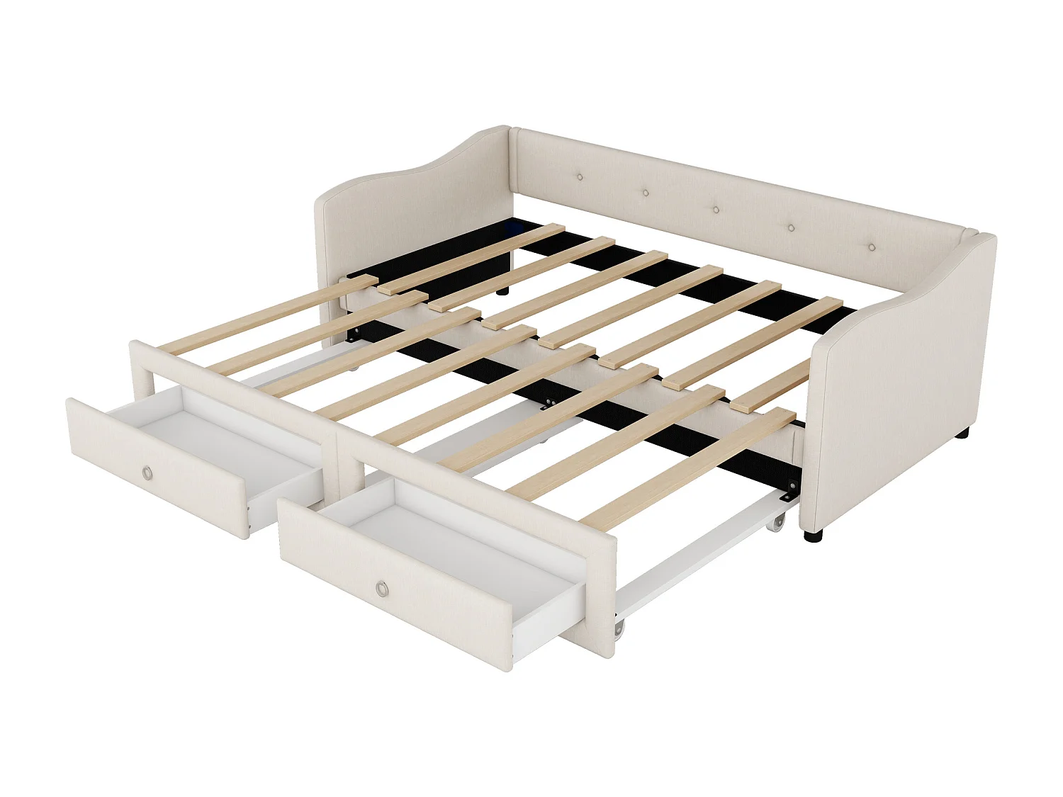 Rollbett 90/180 x 200 cm mit 2 Schubladen – Leinenstoff – Beige (ohne Matratze)