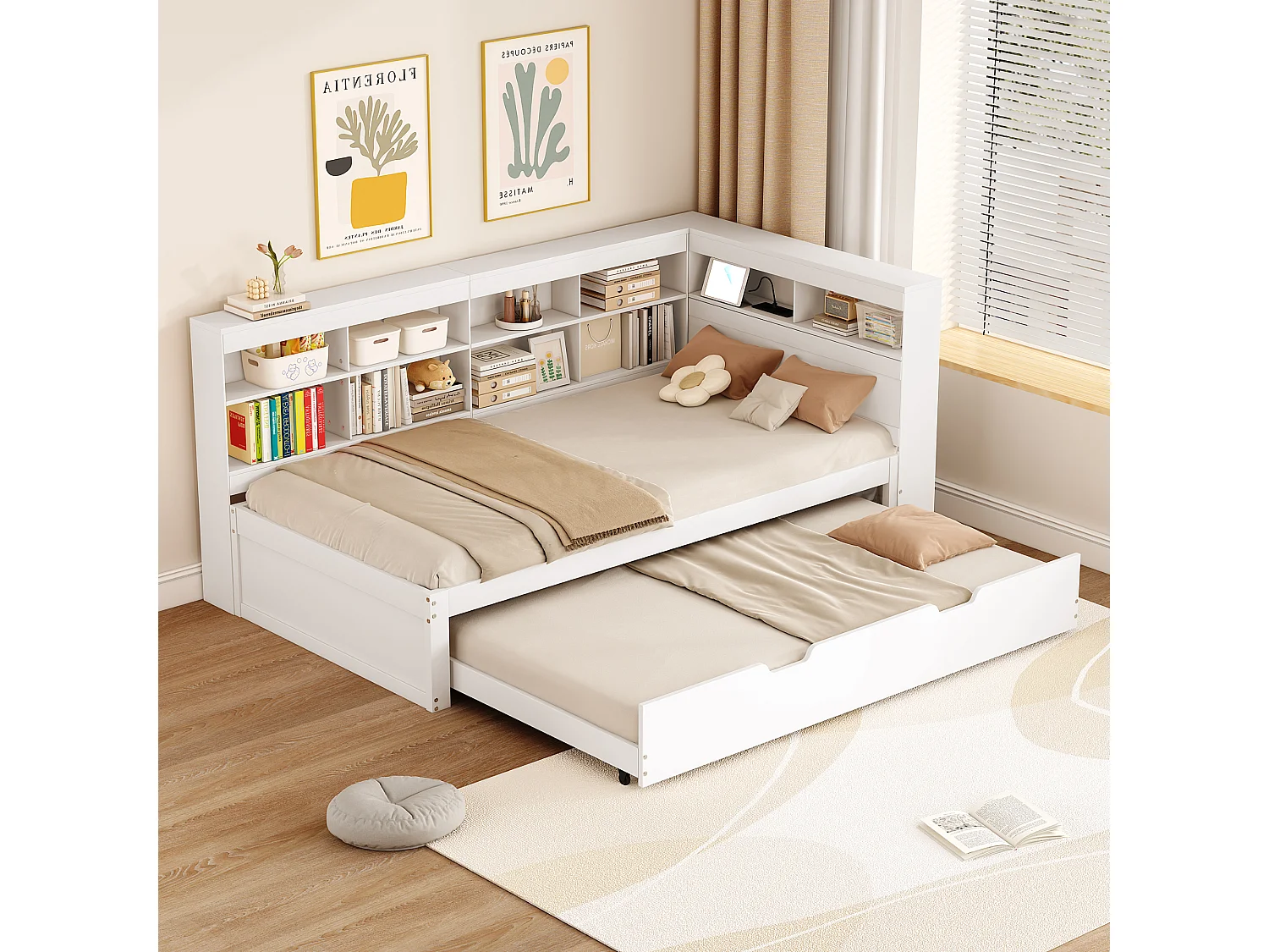 Onderschuifbed 90 x 200 cm + 90 x 190 cm met USB-aansluiting en opbergvak - grenenhout + MDF - Wit (zonder matras)