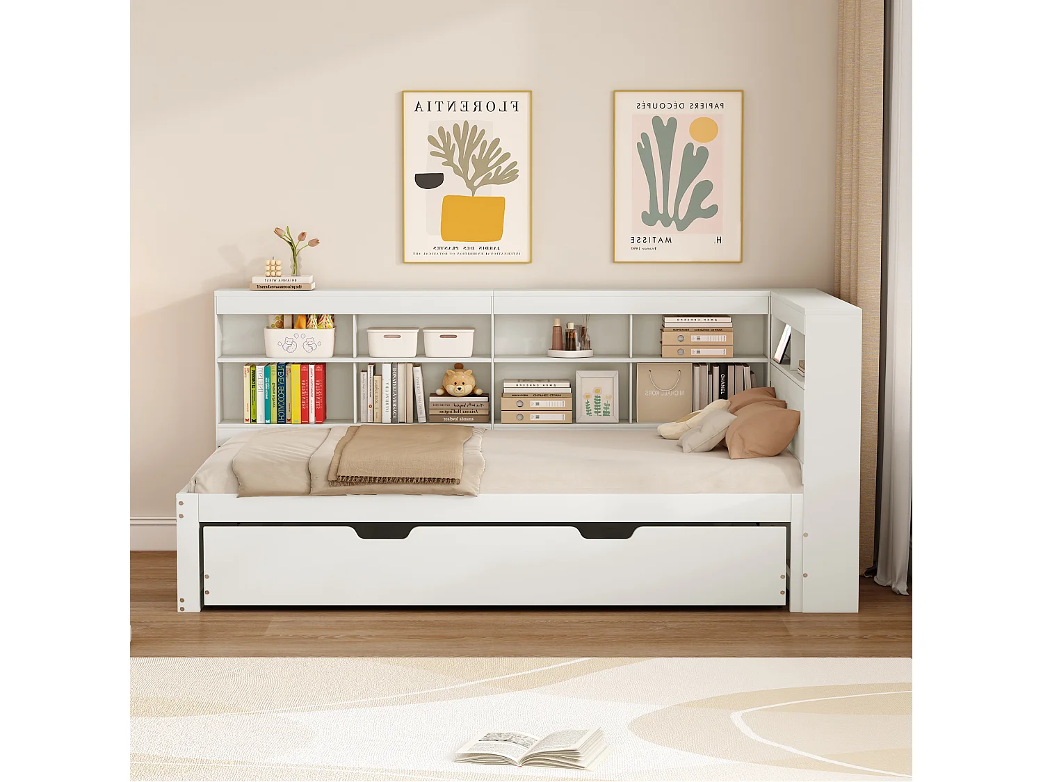 Rollbett 90 x 200 cm + 90 x 190 cm mit USB-Buchse und Staufach – Kiefernholz + MDF – Weiß (ohne Matratze)