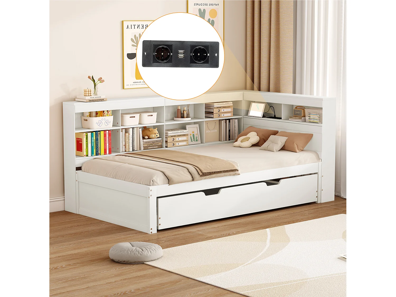 Lit gigogne 90 x 200 cm + 90 x 190 cm avec prise USB et compartiment de rangements - bois de pin + MDF - Blanc (sans matelas)