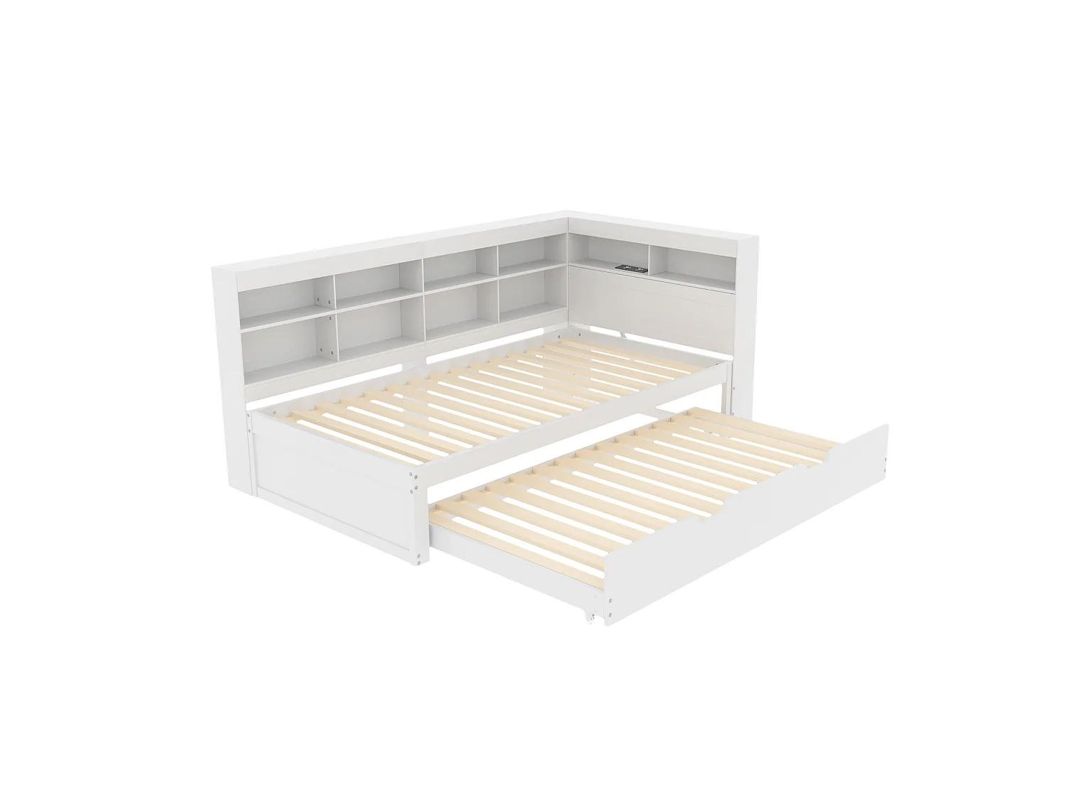 Lit gigogne 90 x 200 cm + 90 x 190 cm avec prise USB et compartiment de rangements - bois de pin + MDF - Blanc (sans matelas)