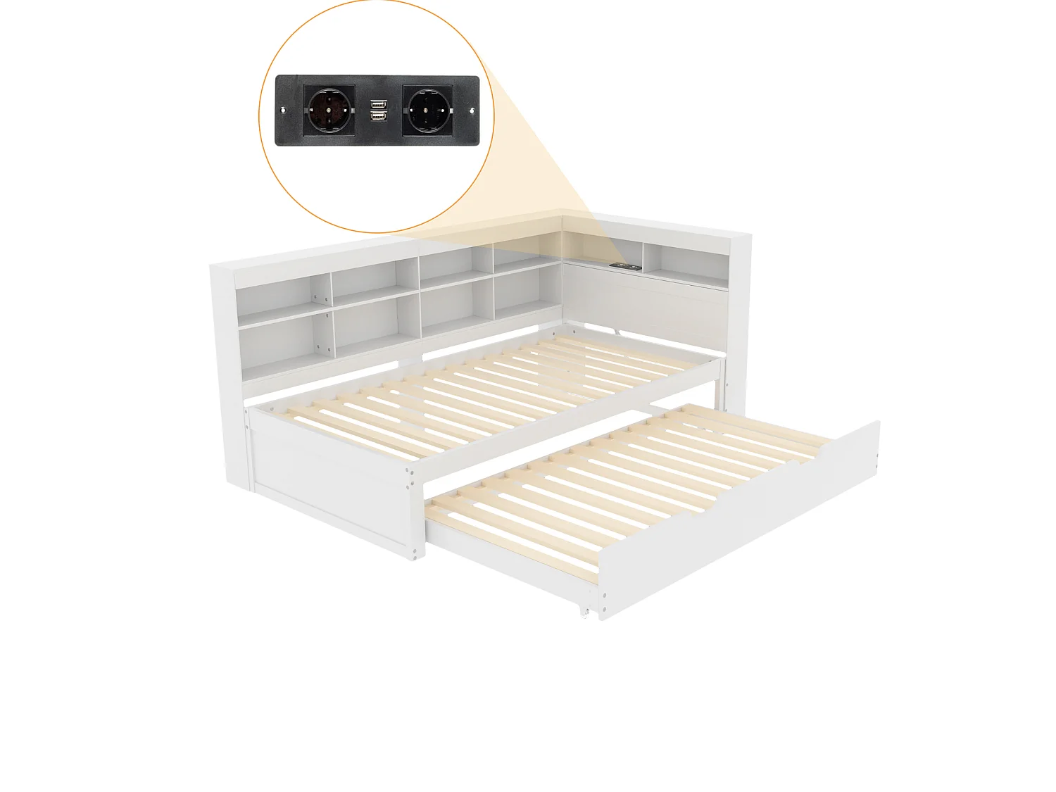 Lit gigogne 90 x 200 cm + 90 x 190 cm avec prise USB et compartiment de rangements - bois de pin + MDF - Blanc (sans matelas)