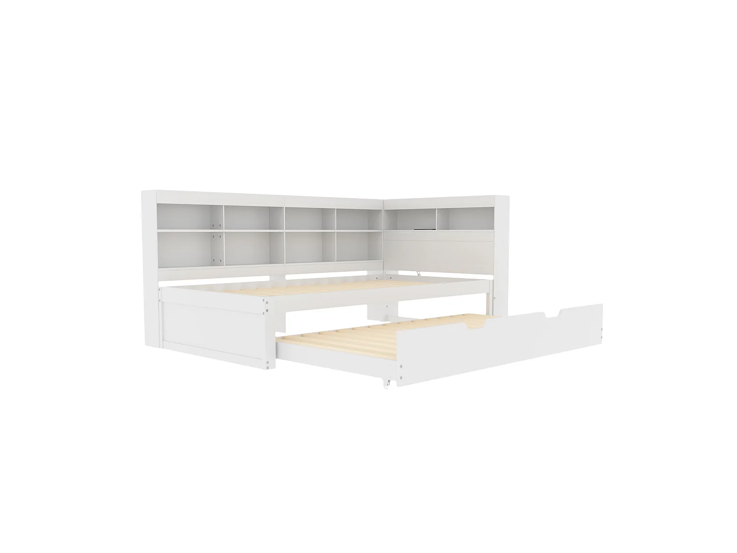Lit gigogne 90 x 200 cm + 90 x 190 cm avec prise USB et compartiment de rangements - bois de pin + MDF - Blanc (sans matelas)