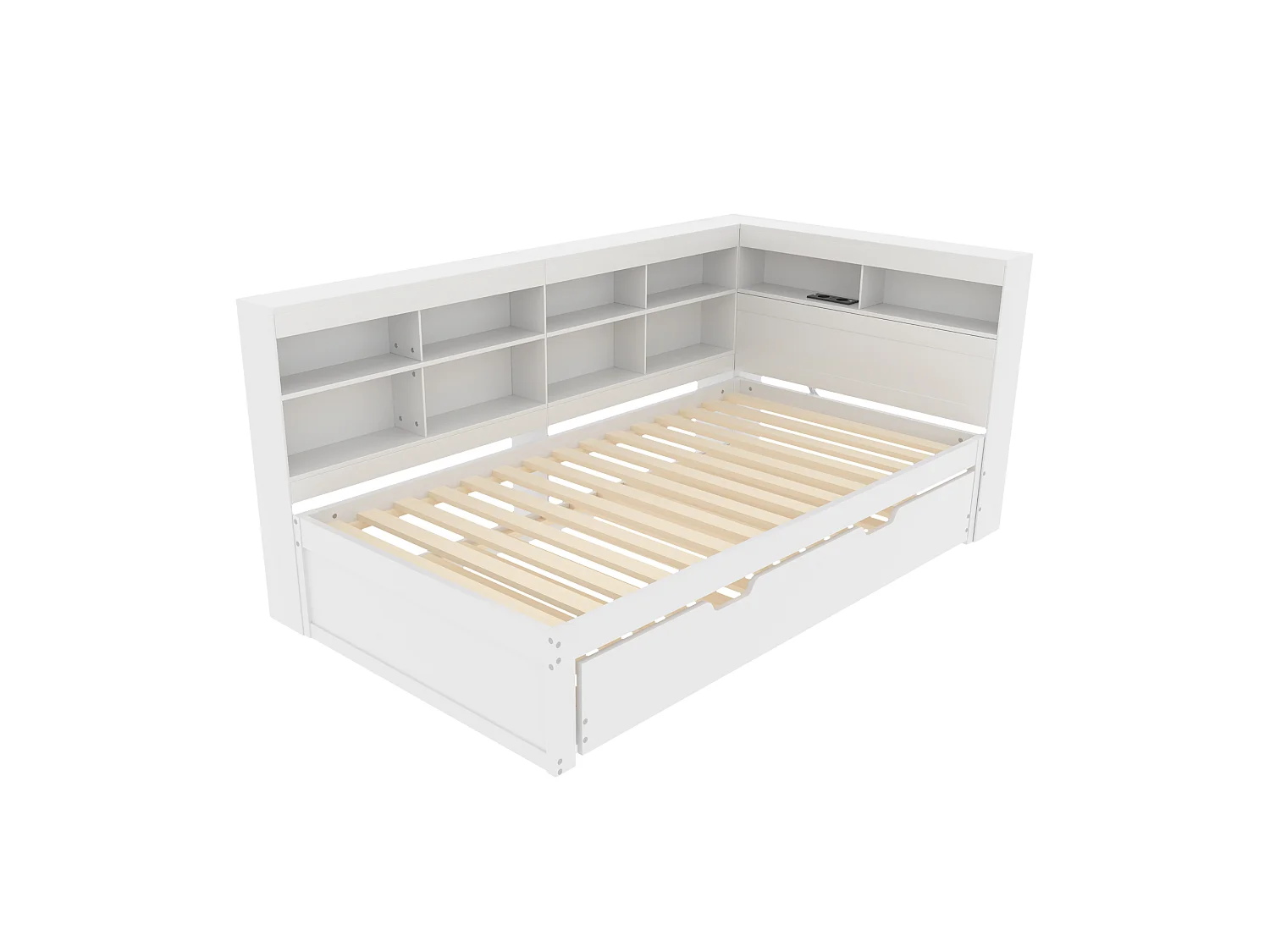 Lit gigogne 90 x 200 cm + 90 x 190 cm avec prise USB et compartiment de rangements - bois de pin + MDF - Blanc (sans matelas)