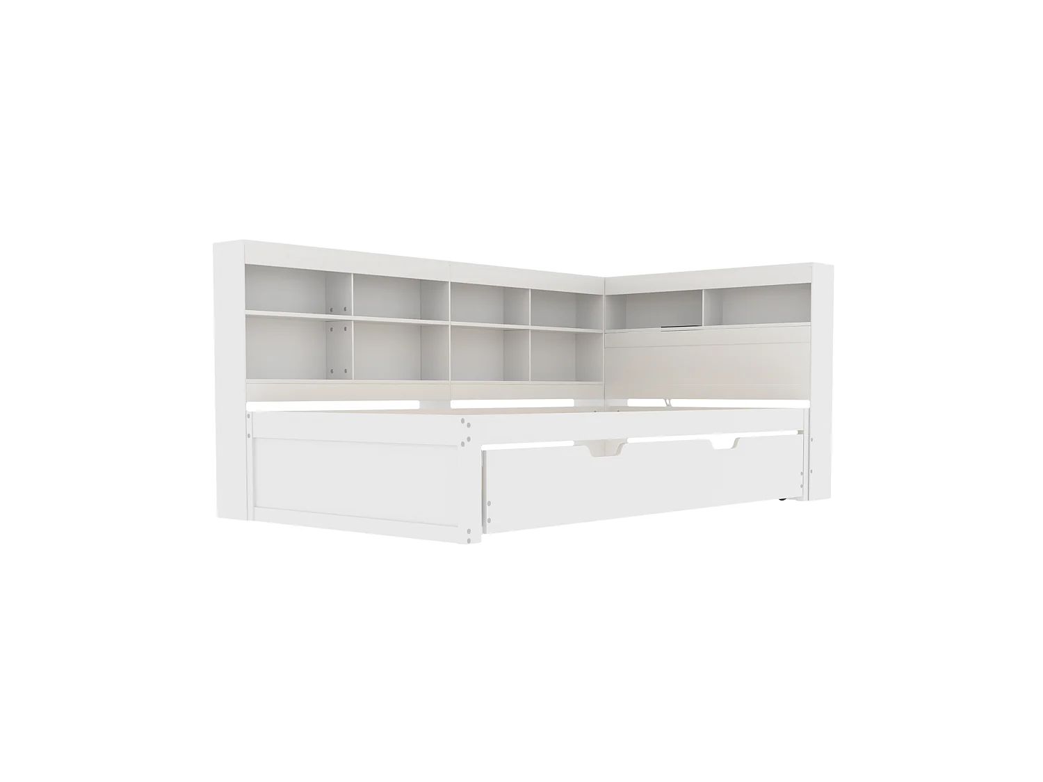 Lit gigogne 90 x 200 cm + 90 x 190 cm avec prise USB et compartiment de rangements - bois de pin + MDF - Blanc (sans matelas)