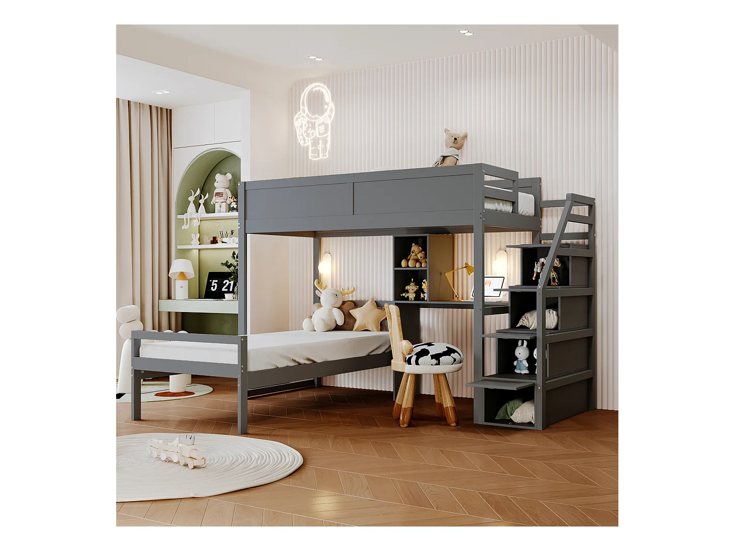 Stapelbedden 2 x 90 x 200 cm met bureau, 4 laden en planken - grenenhout + MDF - grijs (zonder matras)