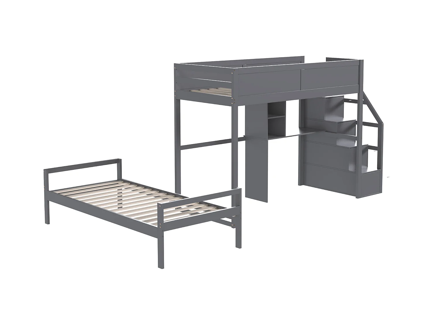 Stapelbedden 2 x 90 x 200 cm met bureau, 4 laden en planken - grenenhout + MDF - grijs (zonder matras)