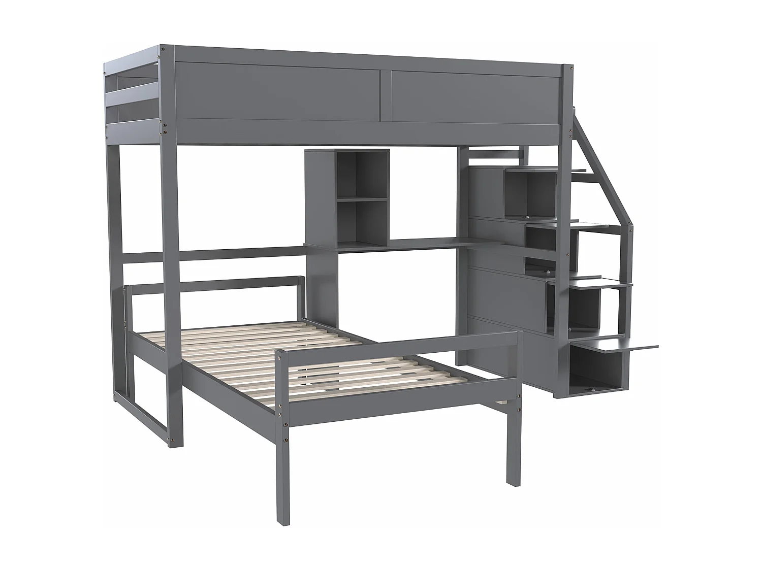 Stapelbedden 2 x 90 x 200 cm met bureau, 4 laden en planken - grenenhout + MDF - grijs (zonder matras)