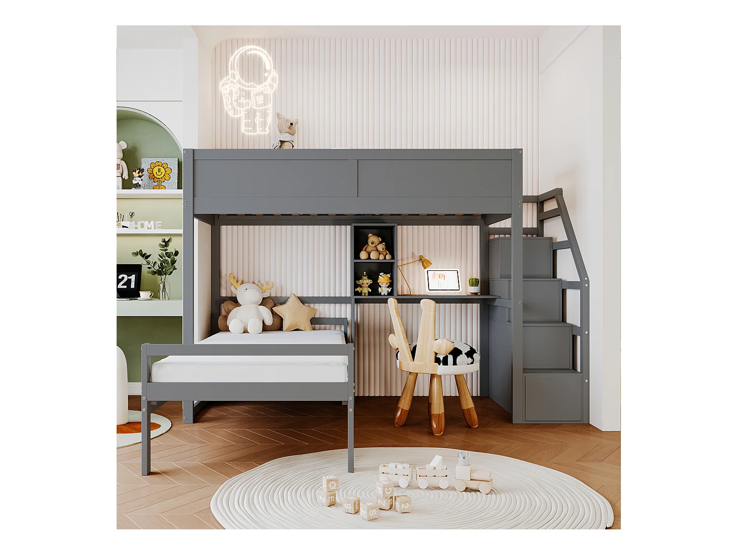 Literas 2 x 90 x 200 cm con escritorio, 4 cajones y estantes - madera de pino + MDF - gris (sin colchón)